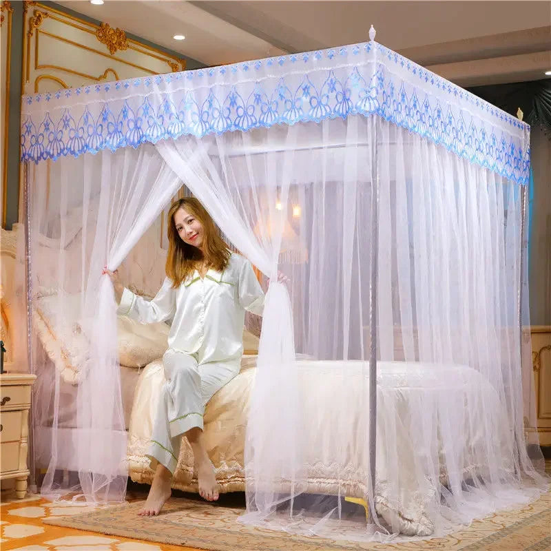 Embroidery Lace Pleated Mosquito Net for Bed Square Romantic Princess Queen Size Double Bed Net Canopy Luxury Mosquito Tent Mesh