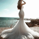 Sexy Sequin Strapless Wedding Ball Gown Sparkly Elegant Embroidery Fishtail Dress CRYSTAL Floor-Length Train Tulle Bridal Gown