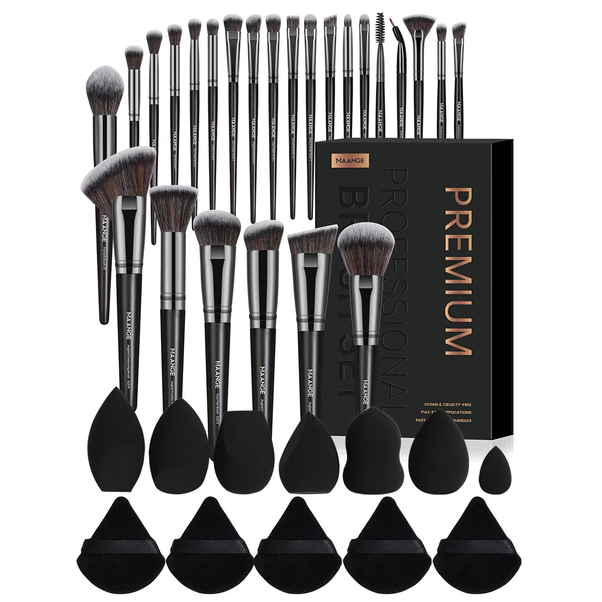 MAANGE Full Makeup Tools Kit 25pcs Foundation Concealer Makeup Brush with 12pcs Soft Cushion Sponge & Triangle Powder Puff