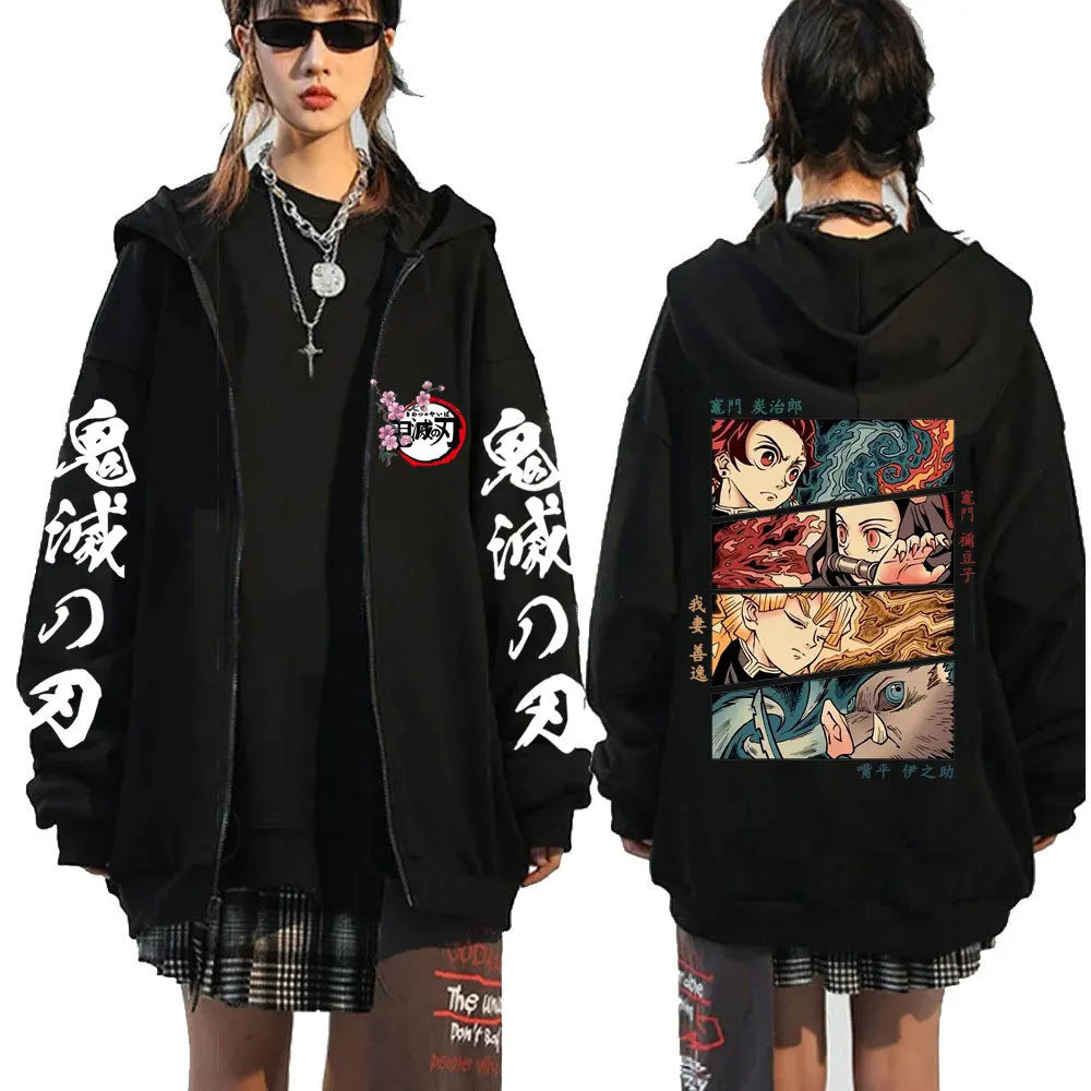 Men Women Anime Zip Hoodie Demon Slayer Graphic Print Plus Size Sweatshirt Harajuku Unisex Winter Warm Streetwear Zip Up Jacket