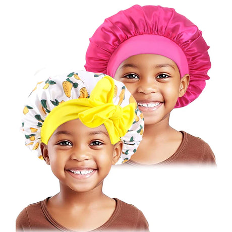 2PCS/LOT Solid Color Nightcap For Kids Wide Edge Printed Bow Sleep Hat Cute Baby Turban Multicolor Set Satin Beanie For Girls