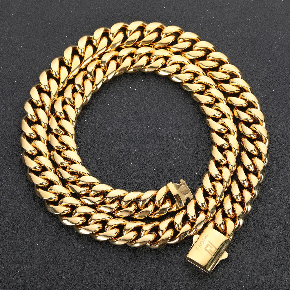 Hip Hop PVD Plated Stainless Steel Necklace Snap Clasp Men Miami Cuban Link Chain Jewelry For Girls Gift Free Laser Logo