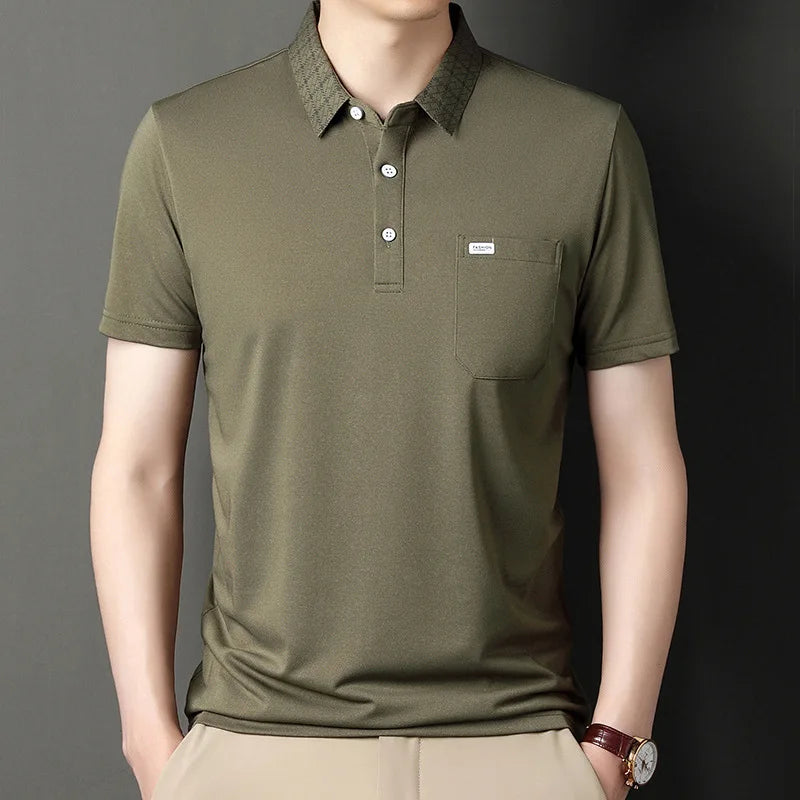 New Summer Men's Short Sleeve T-shirt with Lapel Pocket Thin Solid Casual Polo Pullover Fashionable Striped Plaid Tops