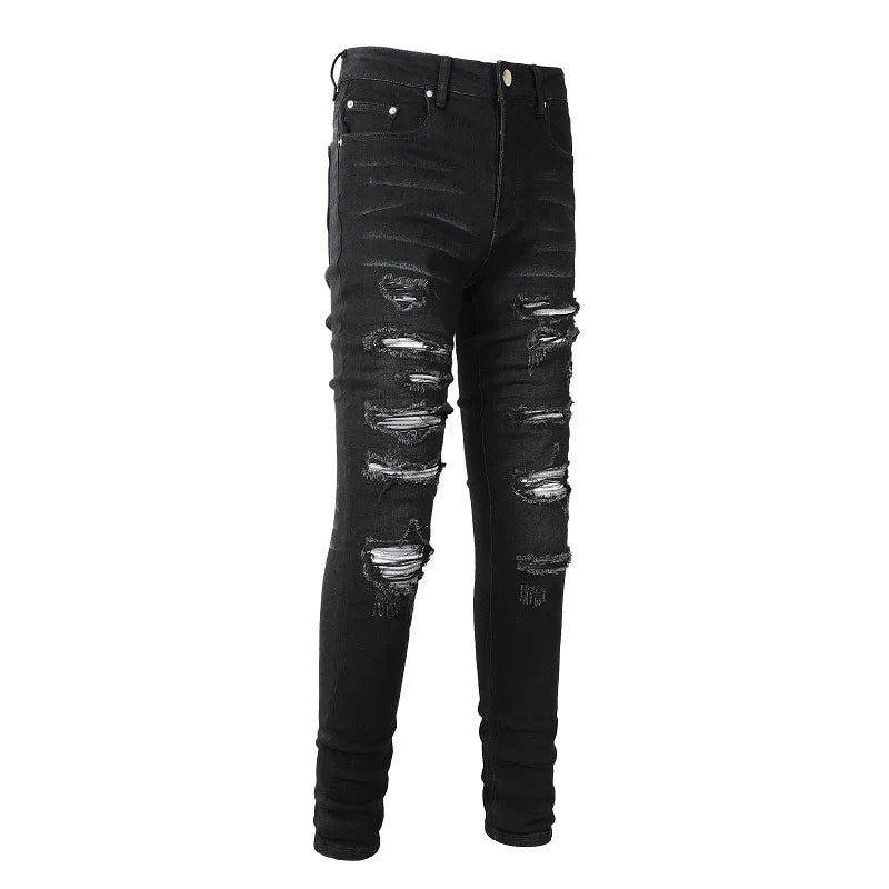 Men Pleated Patch Biker Jeans Streetwear Skinny Tapered Stretch Denim Pants Ripped Patchwork Black Trousers