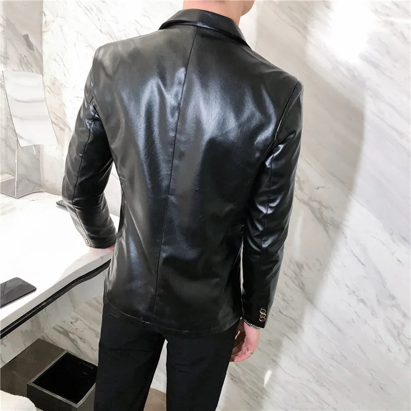 2022 Autumn Leather Jacket Men Slim fit Casual Business Blazer Masculino Solid Color Street Wear Social PU Coat Costume Homme