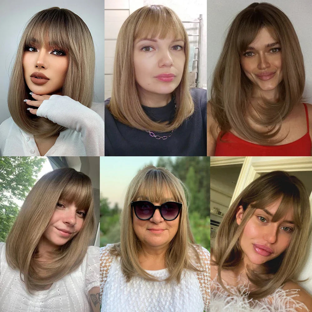 Brown Blonde Short Straight Synthetic Hair Wigs with Bangs for Women Golden Highlight Bob Wigs Cosplay Natural Heat Resistant