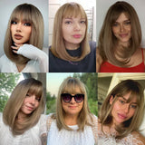 Brown Blonde Short Straight Synthetic Hair Wigs with Bangs for Women Golden Highlight Bob Wigs Cosplay Natural Heat Resistant