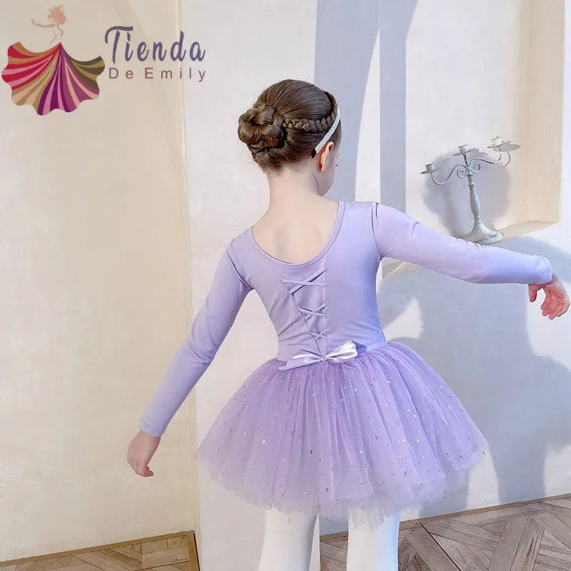 Sequin Gauze Skirt Children Dance Clothes Girls Ballet Dress Kids Training Leotard Stage Costume Bow Back Long Sleeve PurplePink