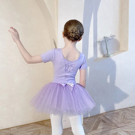 Sequin Gauze Skirt Children Dance Clothes Girls Ballet Dress Kids Training Leotard Stage Costume Bow Back Long Sleeve PurplePink