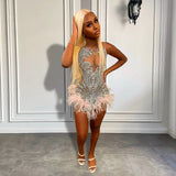 Sexy Black Girl Short Prom Dresses 2024 Luxury Silver Crystals See Through Women Feather Cocktail Gowns For Birthday Party