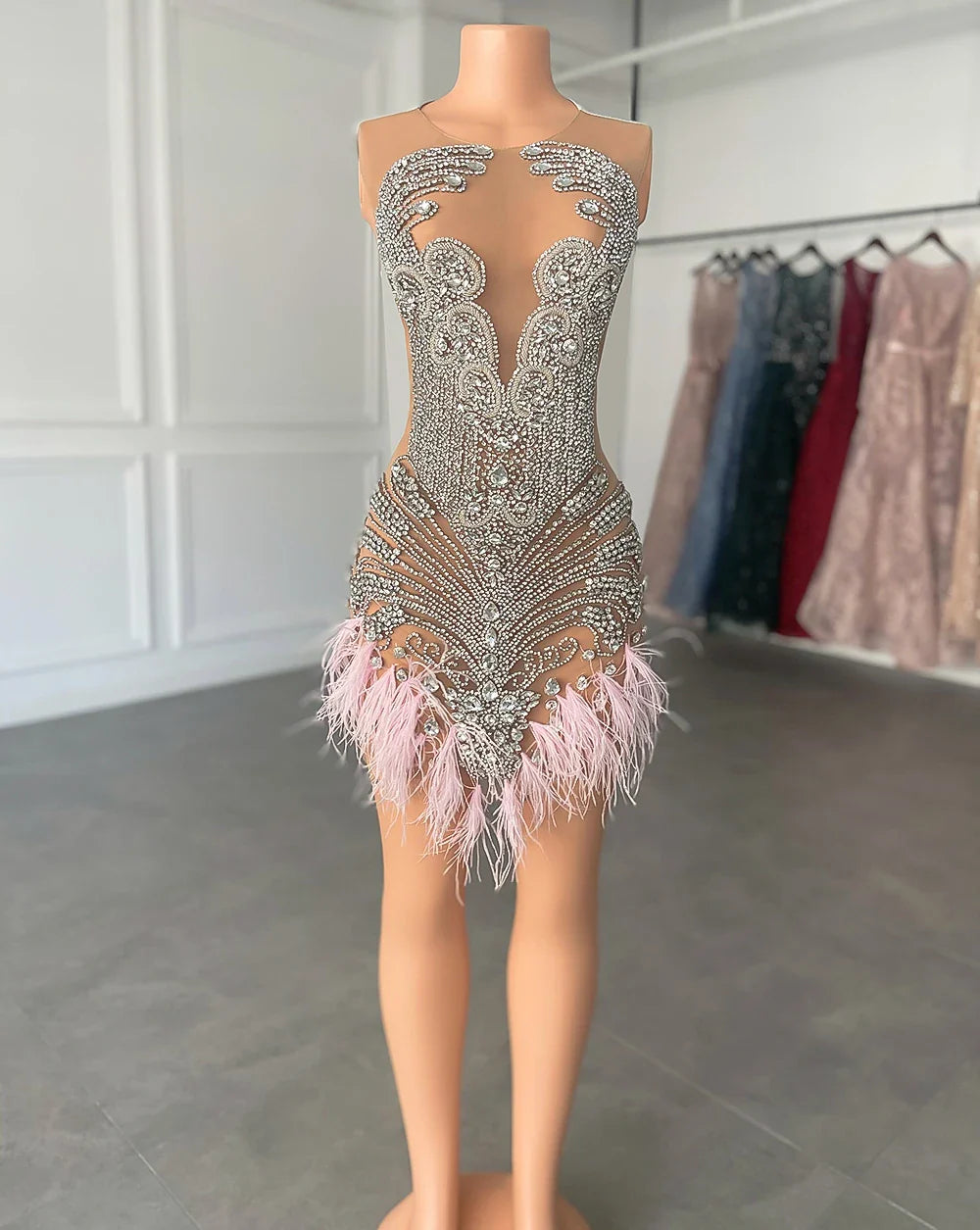 Sexy Black Girl Short Prom Dresses 2024 Luxury Silver Crystals See Through Women Feather Cocktail Gowns For Birthday Party