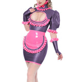 Sexy Costumes Maid Mini Dress High Neck Ruffles Hollow Out Chest Slim Dress With Apron Maid Cosplay Uniform Lingerie Fetish 7XL