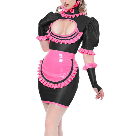 Sexy Costumes Maid Mini Dress High Neck Ruffles Hollow Out Chest Slim Dress With Apron Maid Cosplay Uniform Lingerie Fetish 7XL