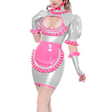 Sexy Costumes Maid Mini Dress High Neck Ruffles Hollow Out Chest Slim Dress With Apron Maid Cosplay Uniform Lingerie Fetish 7XL