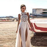 Sexy High Side Slit Halter Beach 2023 Wedding Dress Boho Lace Top Chiffon Skirt Long Backless Bridal Gown for Women Vestido