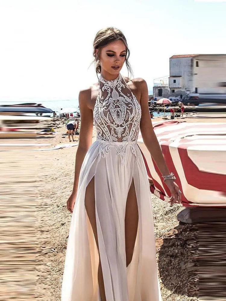 Sexy High Side Slit Halter Beach 2023 Wedding Dress Boho Lace Top Chiffon Skirt Long Backless Bridal Gown for Women Vestido