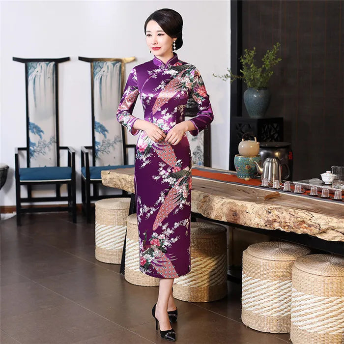 Sexy Purple Women Satin Daily Casual Dress Summer New Long Qipao Print Flower Chinese Cheongsam Size S M L XL XXL 3XL 0162