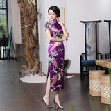 Sexy Purple Women Satin Daily Casual Dress Summer New Long Qipao Print Flower Chinese Cheongsam Size S M L XL XXL 3XL 0162