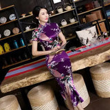 Sexy Purple Women Satin Daily Casual Dress Summer New Long Qipao Print Flower Chinese Cheongsam Size S M L XL XXL 3XL 0162