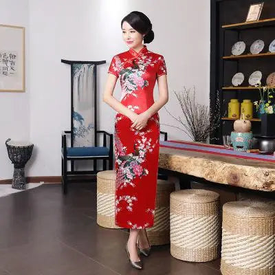 Sexy Purple Women Satin Daily Casual Dress Summer New Long Qipao Print Flower Chinese Cheongsam Size S M L XL XXL 3XL 0162