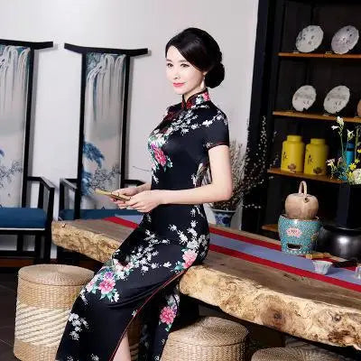 Sexy Purple Women Satin Daily Casual Dress Summer New Long Qipao Print Flower Chinese Cheongsam Size S M L XL XXL 3XL 0162