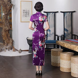 Sexy Purple Women Satin Daily Casual Dress Summer New Long Qipao Print Flower Chinese Cheongsam Size S M L XL XXL 3XL 0162