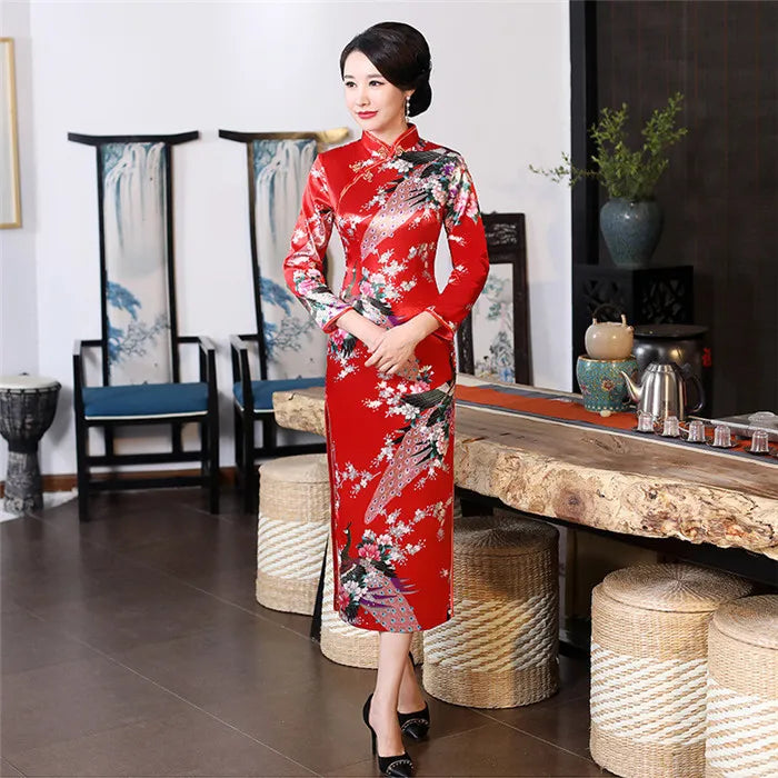 Sexy Purple Women Satin Daily Casual Dress Summer New Long Qipao Print Flower Chinese Cheongsam Size S M L XL XXL 3XL 0162