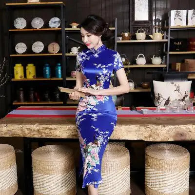 Sexy Purple Women Satin Daily Casual Dress Summer New Long Qipao Print Flower Chinese Cheongsam Size S M L XL XXL 3XL 0162