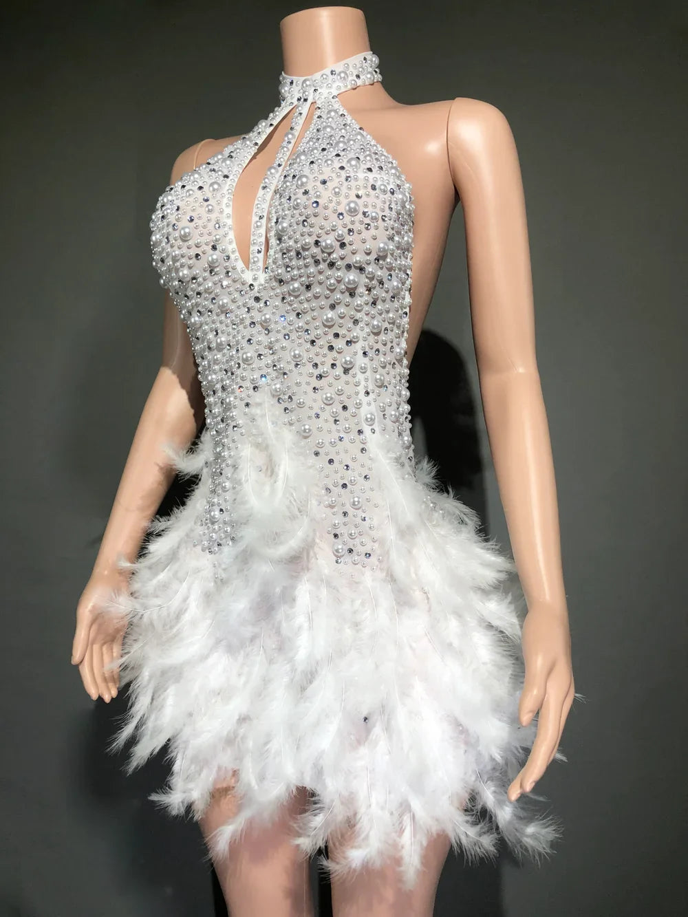 Sexy Rhinestones Pearls Halter Backless Short White Feathers Dress Women Celebrate Birthday Dress Performance Dance Costume