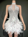 Sexy Rhinestones Pearls Halter Backless Short White Feathers Dress Women Celebrate Birthday Dress Performance Dance Costume