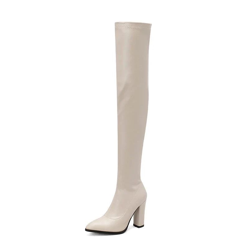 Sexy Thigh High Boots Women Autumn Winter Elastic Leather Over-the-knee Boots For Women Black Heels Fetish Long Shoes Large Size