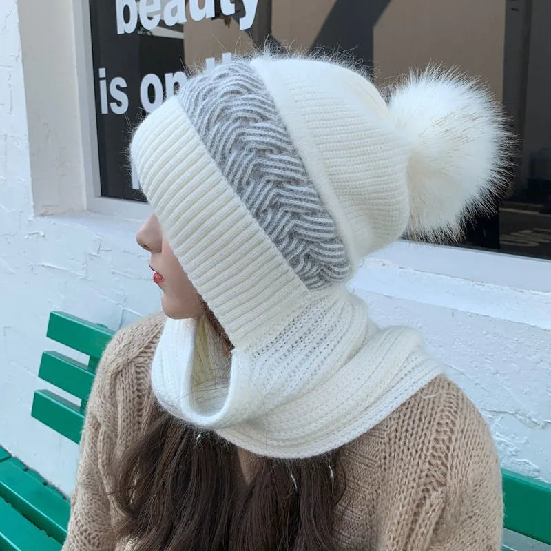 New wind cap bib Korean version of all the autumn and winter ear protection knitted two-piece women's woolen hat scarf one hat