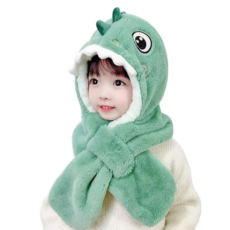 Doitbest Cartoon Dinosaur Children Winter Hats Beanies Set Kids Child Knitted Fur Hat Scarf One-piece Boys Girls Earflap Caps