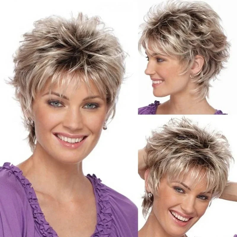 Women's Fashion Short Synthetic Wigs Pixie Cut Blonde Ombre Hair Costume Party Wigs for Woman Fluffy Natural Curly Wavy Wig