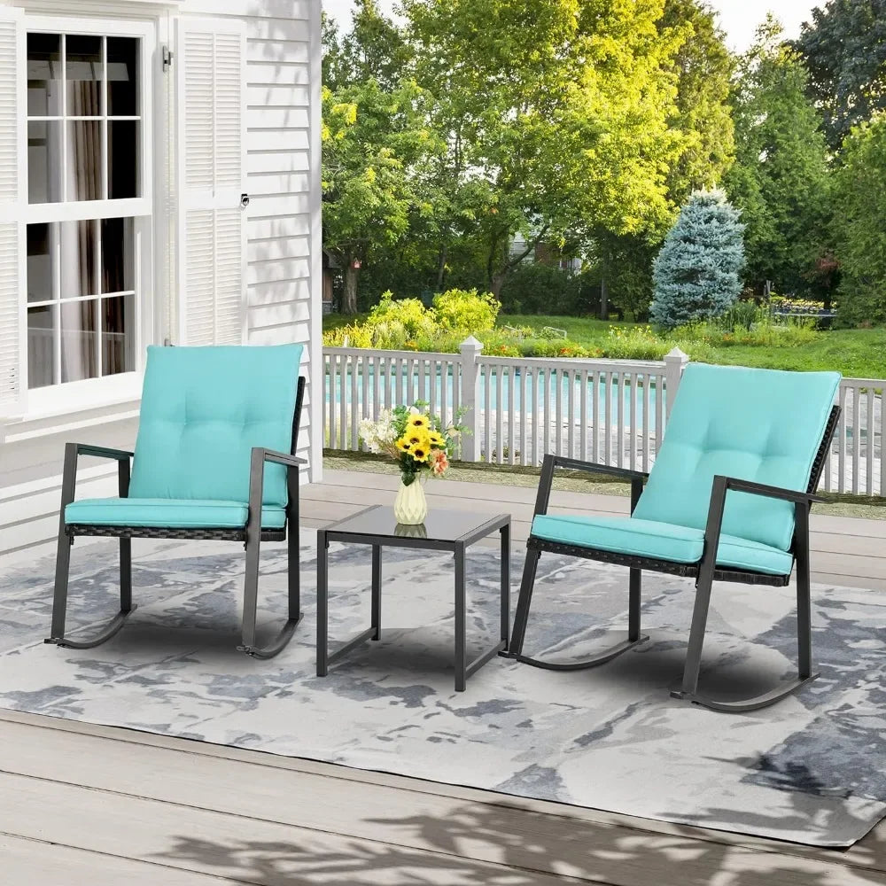 Patio Chairs 3 Piece Wicker Rocking Chair Outdoor Bistro Sets with Coffee Table and Cushions Metal Frame Patio Furniture