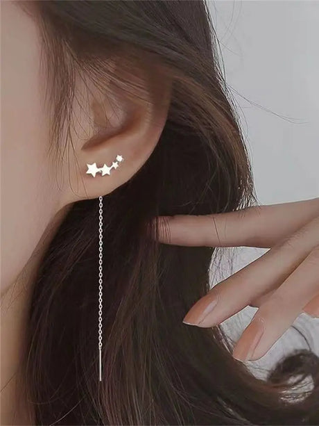 INS Star Long Tassel Ear Wire Trendy Silver Color Crystal Earrings For Women Fashion Women's Jewelry Accessories Gift