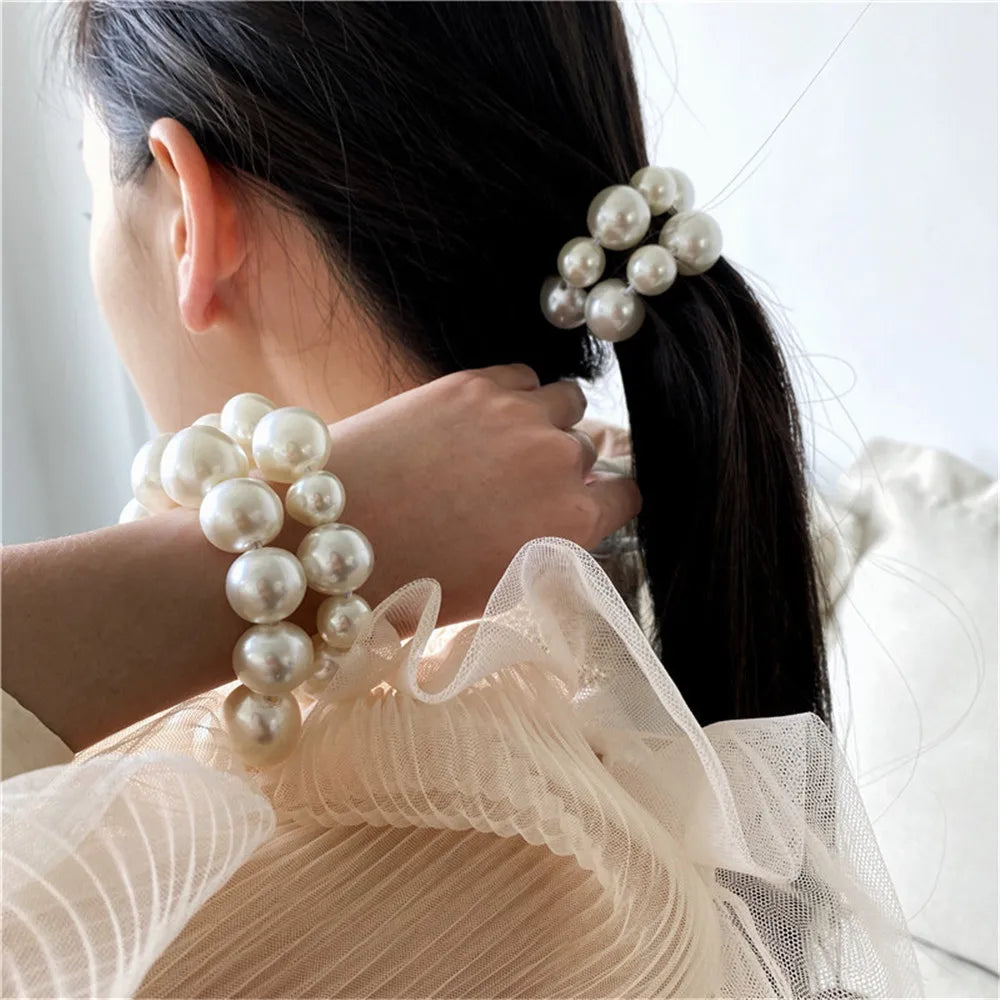 1Pc Korean Style Imitation Pearl Hair Rope High Elastic Fashion Simple Women Girls Beaded Stretch Bracelet Hair Ties