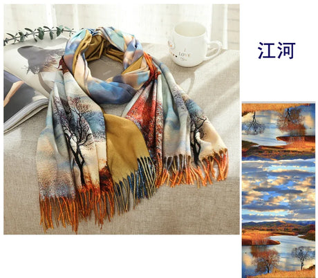 Van Gogh's Oil Painting Cashmere Scarf Women Winter Coffee House Print Wool Shawls and Wraps Ladies Cape Blanket Scarves New