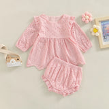 0-24M Toddler Baby Girl Clothes Set Solid Color Cutout Round Neck Long Sleeve T-shirt Tops and Elastic Casual Ruffle Shorts