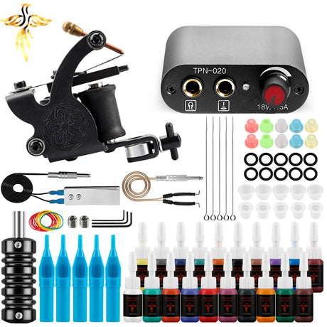 Tattoo Machine Set Beginner Practice Set Tattoo Needles Pigment Foot Pedal Power Cord Tattoo Equipment Supplies Shader Liner Kit