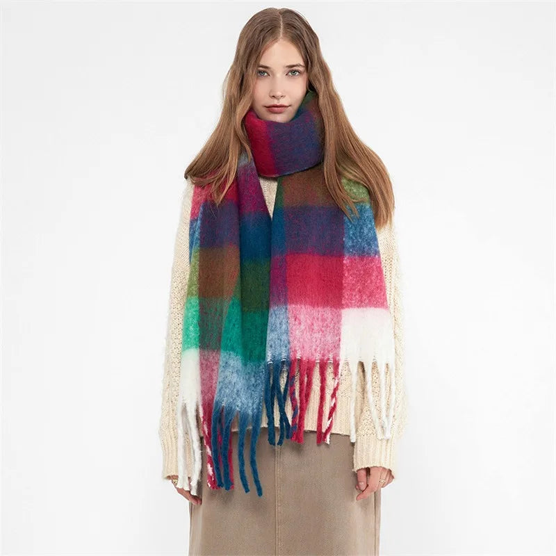 Winter Women Plaid Scarf Winter AC Pamanhmina Shawls Cashmere Thick Wraps Lady Tassel Warm Scarves Rainbow Hairy Bufanda Man