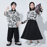 Hip Hop Boys Chinese Style Shirt Baggy Pants Girls Print Blouse Street Dance Skirt Children Streetwear Kids Jazz Clothes Sets