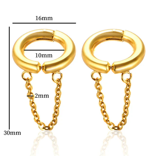 2PC /Set Stainless Steel Small Hoop Earrings for Women Golden Circle Thick Ear Ring Piercing Tassel With Chain Earrings Jewelry