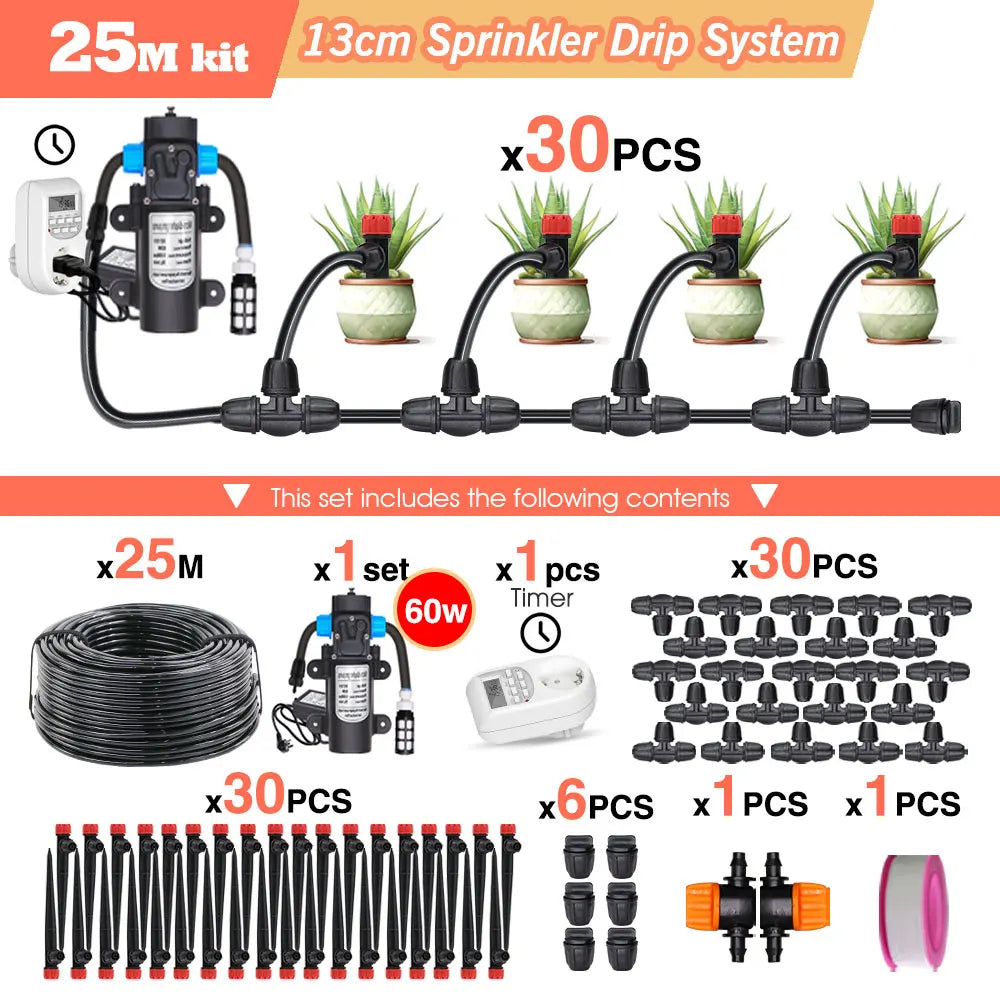 50-5M 13cm Stake Sprinkler Watering System Garden 60W Power Self-Priming Pump Automatic Irrigation Equipment 1/4”Hose Drip Kits