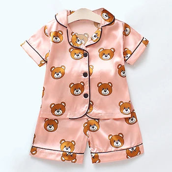 Toddler Girls Silk Satin Pajamas Sets Cartoon Kids Boys Pyjamas Baby Sleepwear Suit Girl Casual Home Wear Clothes Boy Loungewear