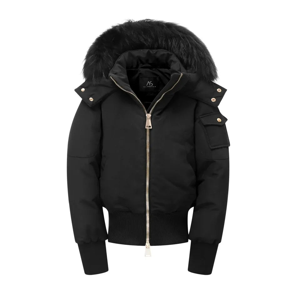 AS 2023 winter fashion woman bomber coat filled down Adult jacket with nature fur metal gold zipper