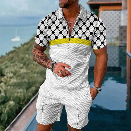 New Summer Men's Suit Trend 3D Printing Zipper Polo Shirt + Shorts Two Piece Set Soft Fashion Casual Men Clothing Tracksuit Set