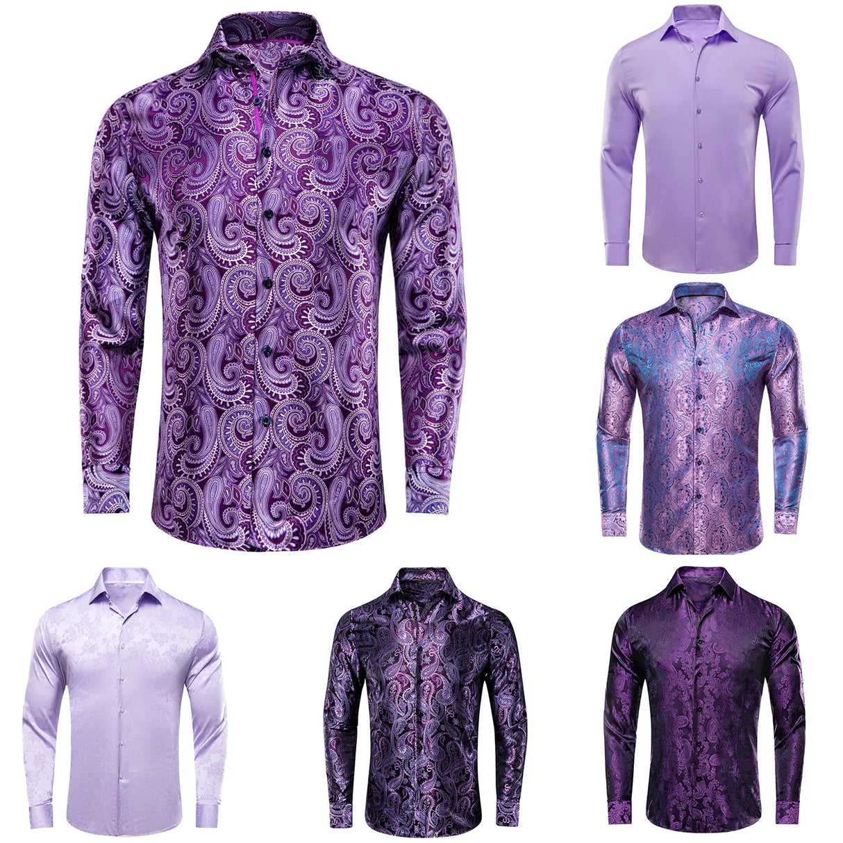 Lilac Mauve Lavender Purple Silk Mens Shirts Luxury Lapel Long Sleeve Dress Shirt Jacquard Blouse for Male Wedding Business Prom