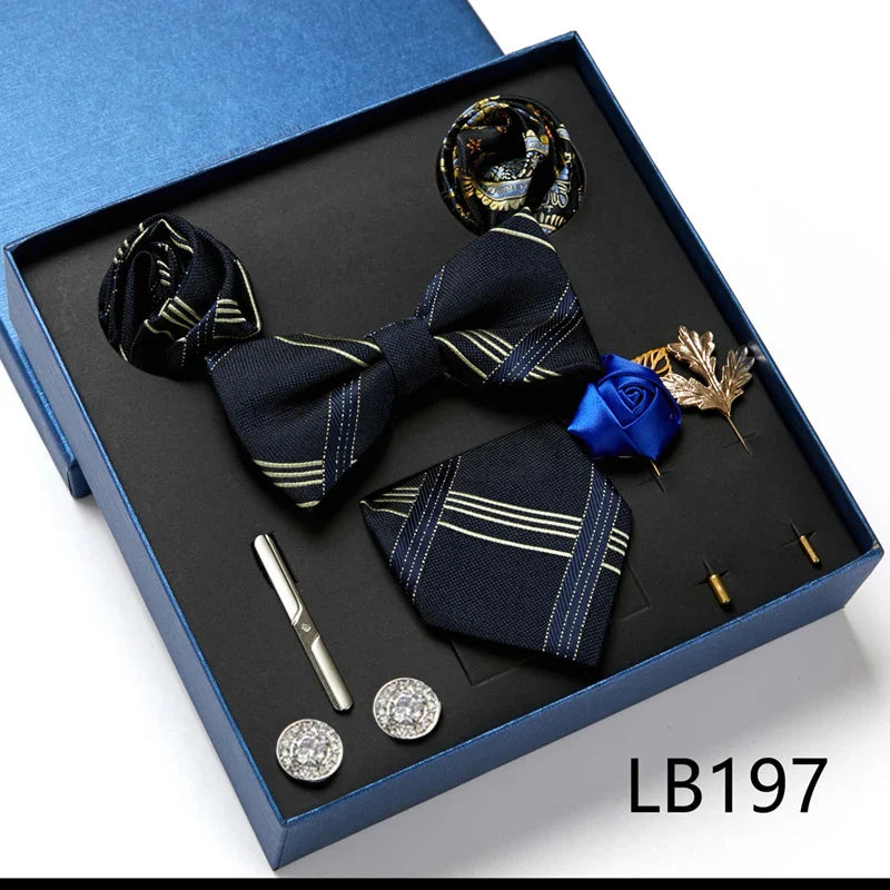 Fashion Men's Tie Gift Box Luxury Brand Necktie Bowtie Pocket Square Brooches Cufflinks Clips Suit For Party Wedding Man Gifts