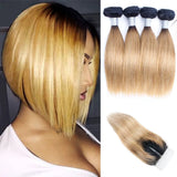 50g/pc 4 Bundles with Closure Transparent 4x1 T Lace Middle Part Ombre Ginger Blonde Straight Remy Human Hair Short Bob Style